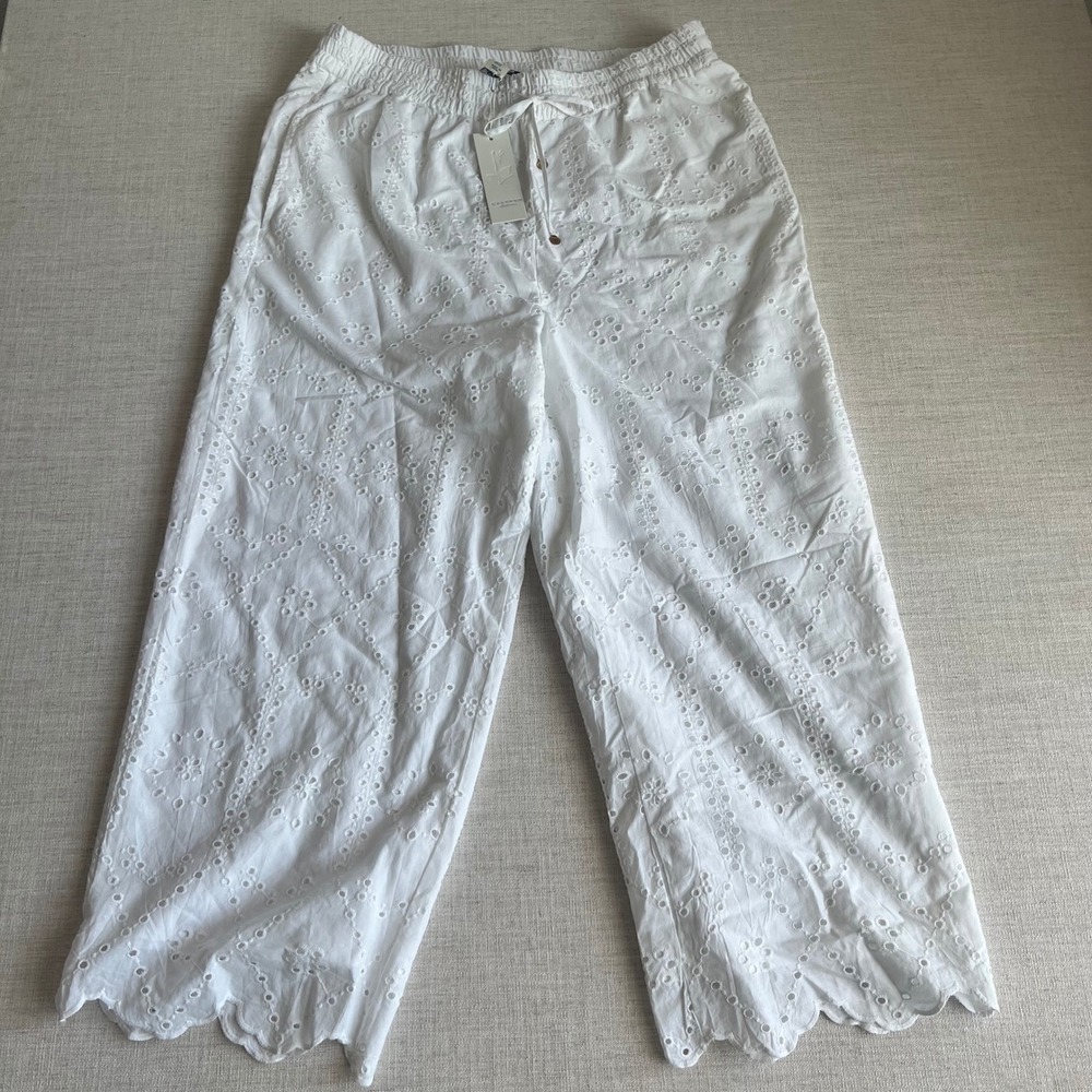 NWT Calypso St. Barth Women's XL White Eyelet Wide Leg Pants Scallop Hem Coastal